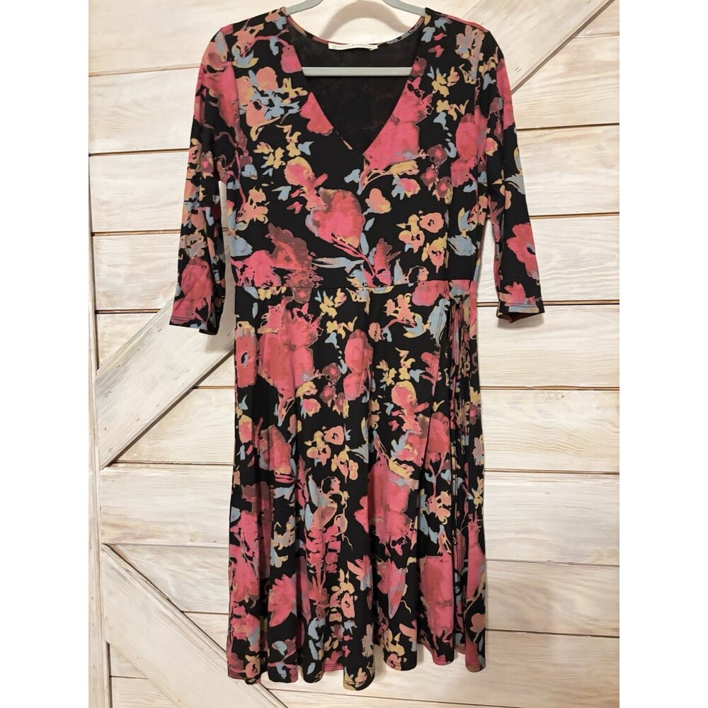 Peruvian Connection Wrap Black Floral V Neck 3/4 Sleeve Pima Dress